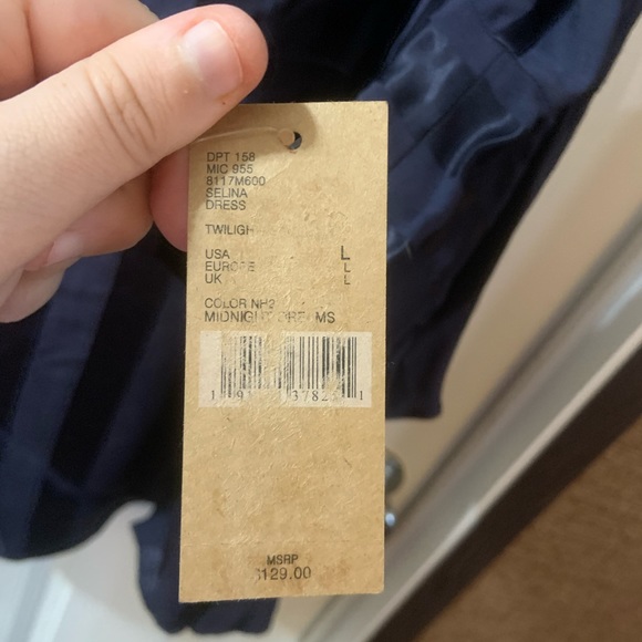 Cremieux Navy Selina Striped Tulip Sleeve Satin Dress size Large - Picture 7 of 11